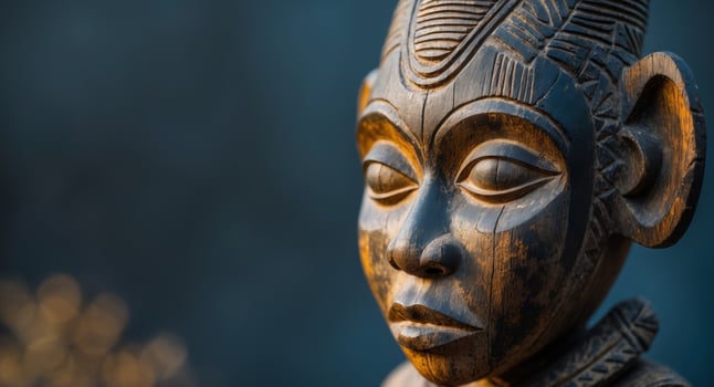 Close up of a weathered wooden African sculpture with a dark blue blurred background. photo