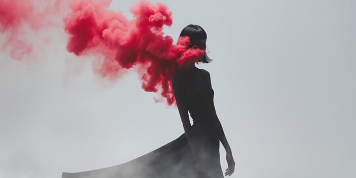 Silhouette of mysterious model posing in red smoke cloud. photo