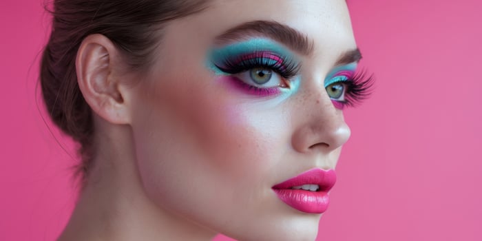 Profile of young model showing off her colorful makeup and long eyelashes on a vibrant pink background photo
