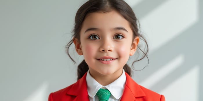 A Young Girl in a Red Blazer and Green Tie photo