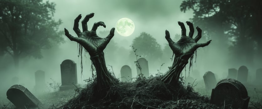 decaying zombie hands erupting from misty graveyard soil twisted fingers reaching skyward backlit by eerie green moonlight photo