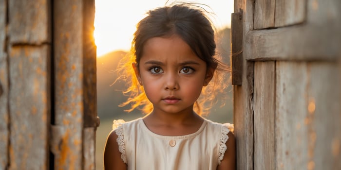 Young girl with striking eyes gazing thoughtfully from a rustic doorway at sunset photo
