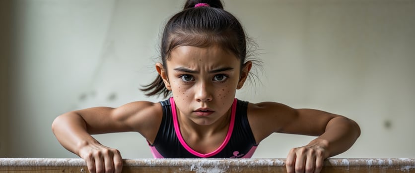 Focused girl embodies determination during gymnastics practice in a gym photo
