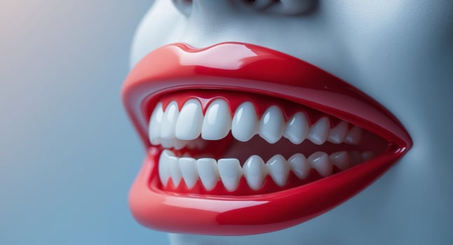there is a red plastic mouth with white teeth on a blue background. photo