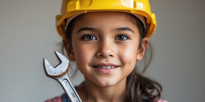A little girl in a hard hat holding a wrench photo