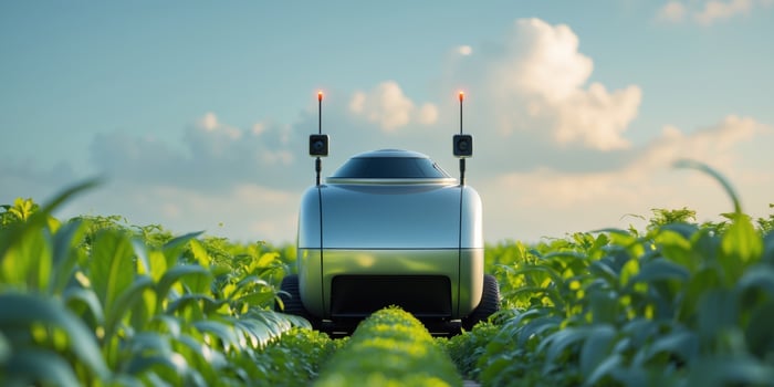 Robotic Agricultural Device Monitoring Crops in a Lush Green Field photo