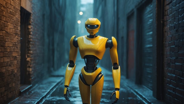 A yellow robot standing in an alleyway photo