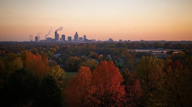 A view of the city skyline from a hillside photo