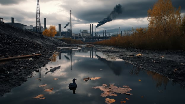 Dark polluted river in industrial town with smoke stacks photo