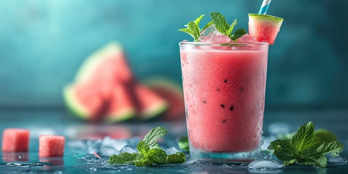 Refreshing watermelon mint smoothie served in a glass with ice and garnished with fresh mint leaves photo