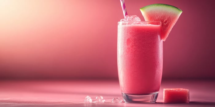 Refreshing watermelon smoothie with ice and a slice of fruit on a pastel backdrop photo