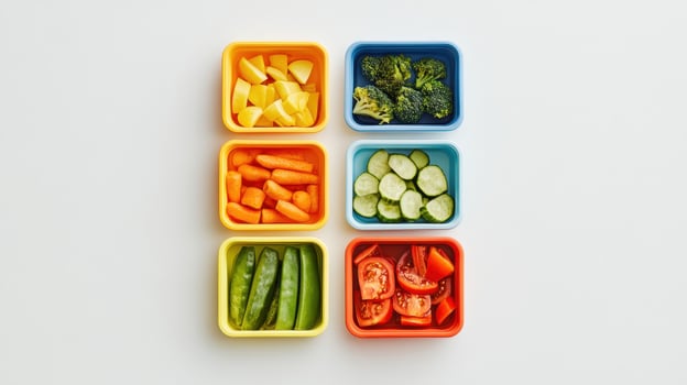 Four small containers with vegetables in them photo