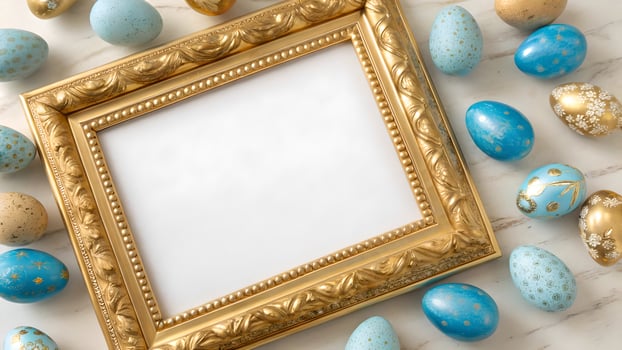 Gold Frame Surrounded by Pastel Blue and Gold Easter Eggs photo
