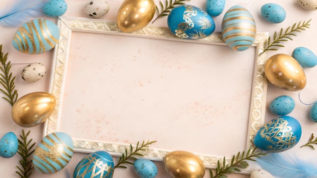 Festive Easter Frame with Gold and Blue Eggs photo