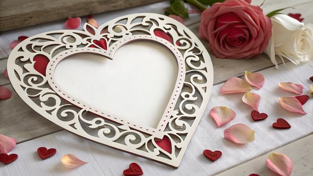 Romantic Valentine's Day Decor with Heart Frame and Roses photo