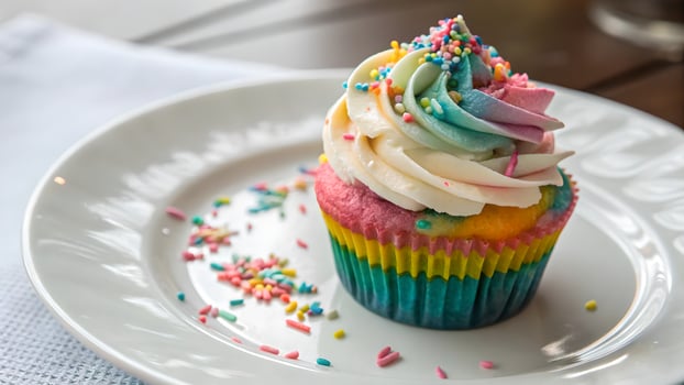 Rainbow Cupcake on White Plate photo