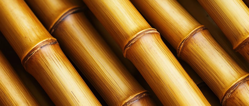 Close-up of smooth bamboo stalks arranged neatly. photo