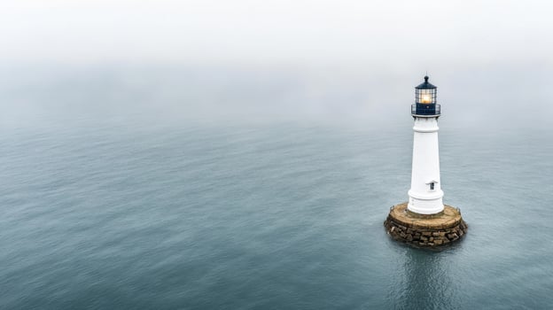 lone lighthouse emerges from dense sea fog, guiding ships safely photo