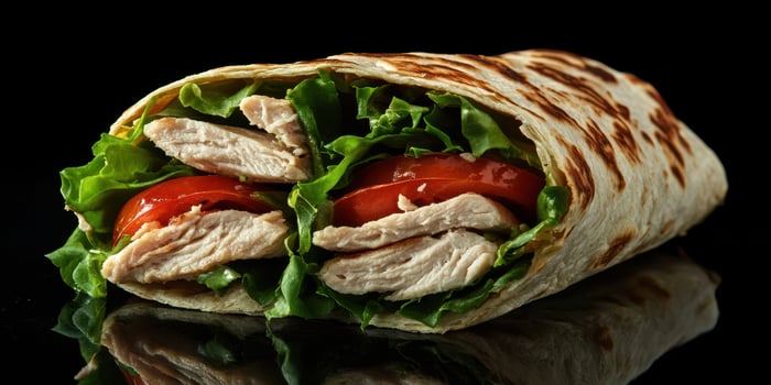 Freshly made chicken wrap with lettuce and tomato, displayed against a dark background photo
