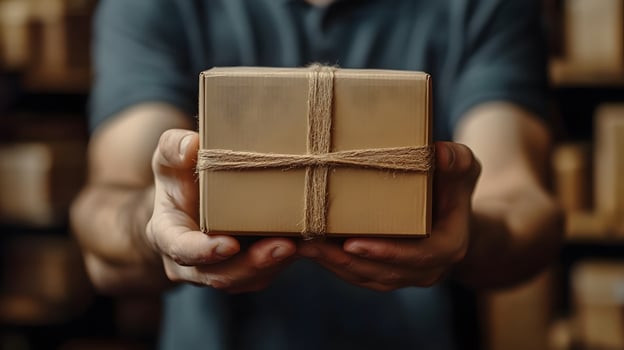 Courier holding packages, doorstep delivery, efficient logistics service photo