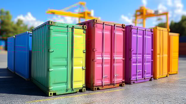 Row of colorful shipping containers at port, organized logistics yard, cranes working in background. photo