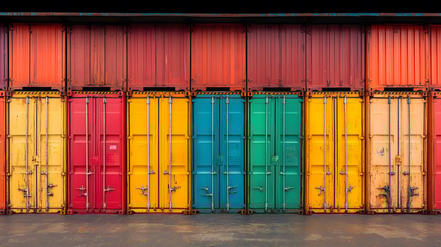 Close-up of colorful containers stacked on cargo ship, ocean background, vibrant maritime scene. photo