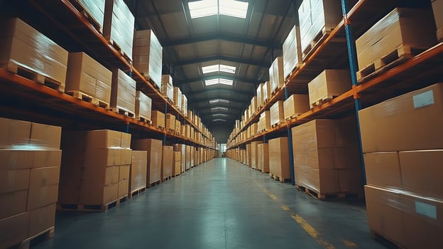 Team of workers in supply chain facility, organized storage shelves, efficient workflow, logistics focus photo