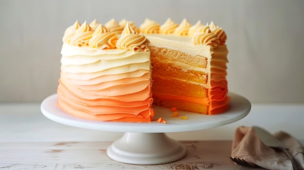 A beautifully frosted ombre cake with a slice taken out, sitting elegantly on a table, perfect for any celebration photo