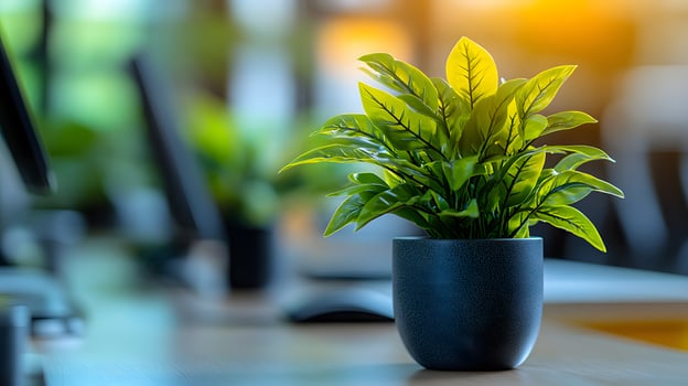 Bright and airy office with blurred effect sleek decor, large windows, natural light, open layout photo