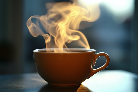 Warm cup of coffee with steam rising in bright morning light. photo