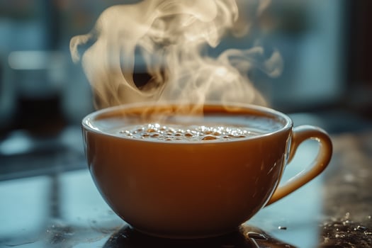 Warm cup of coffee with steam rising in a cozy cafe setting during morning hours. photo