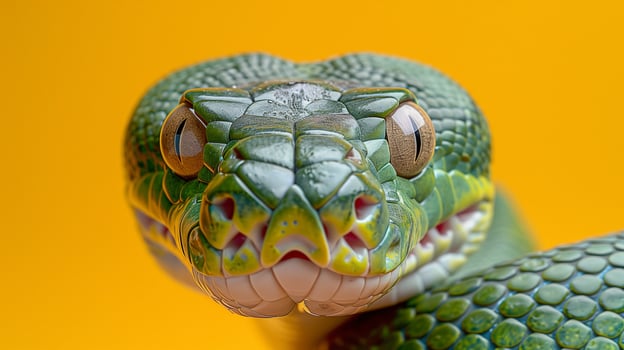 Closeup of a green snake with detailed scales and striking eyes against a vibrant orange background photo