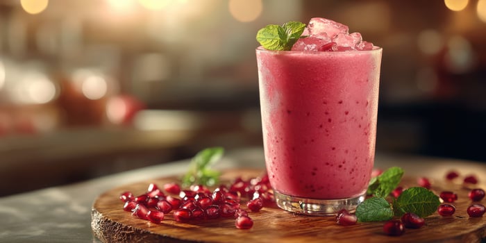 Refreshing pomegranate smoothie served with mint leaves in a cozy cafe setting photo