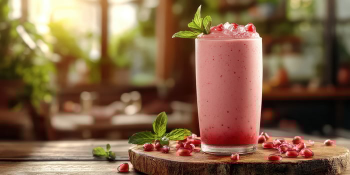 Refreshing pomegranate smoothie served in a glass with mint leaves on a wooden table in a cozy cafe setting photo