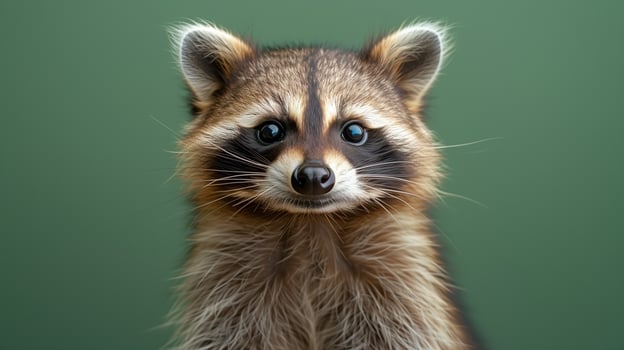 Closeup of a raccoon's face with detailed fur and whiskers set against a green background photo