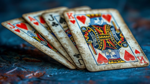 Four playing cards fanned out on a textured surface with a blue background photo