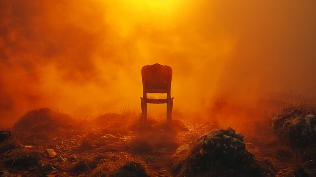 A lone chair surrounded by smoke and debris in an apocalyptic landscape photo