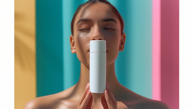 Woman holding a sleek white bottle in front of her face against a colorful striped background photo