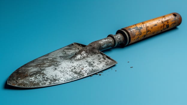 A well-used garden trowel with a wooden handle and metal blade on a bright blue background photo