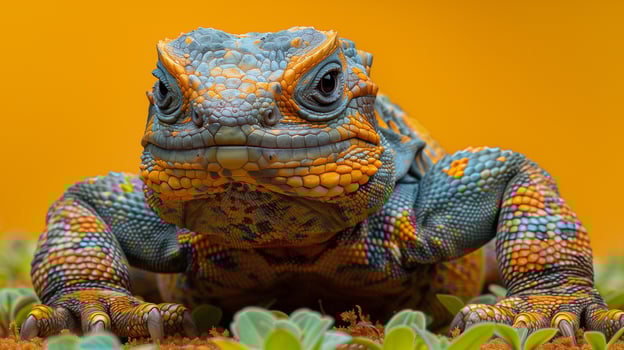 Vibrant Blue and Orange Lizard with Detailed Scales Against a Warm Yellow Background photo