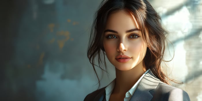 Young woman dressed in professional attire poses with confidence in a stylish indoor location during the evening photo