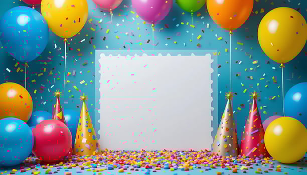 Festive Birthday Party Scene Blank Card, Balloons, Confetti, Hats fun white happy event design photo