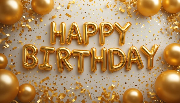 Golden Balloons Confetti Happy Birthday Banner Celebrate with festive joy and sparkle. Perfect photo