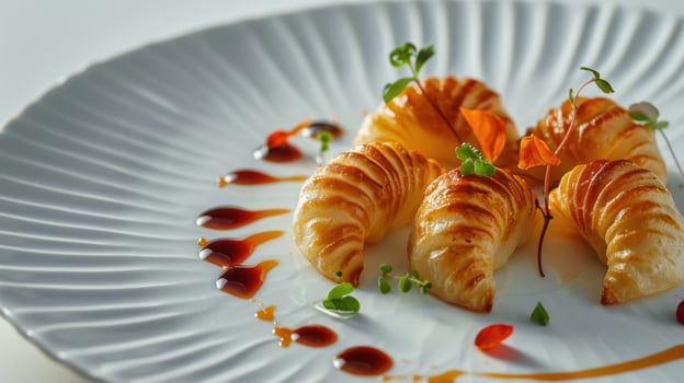 Crescent-shaped dumplings served on a white plate with garnishes and sauces in a modern dining setting photo