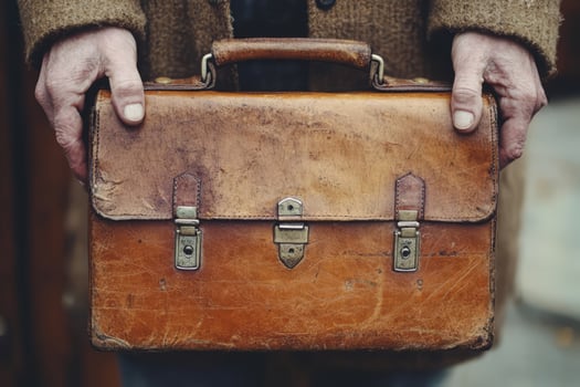 Vintage leather briefcase held by hands photo
