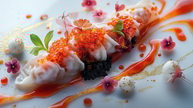 Exquisite culinary art featuring gourmet dumplings adorned with caviar and edible flowers photo