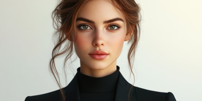 Portrait of a young woman with striking features in a black outfit, highlighting elegance and sophistication in a minimalistic setting photo