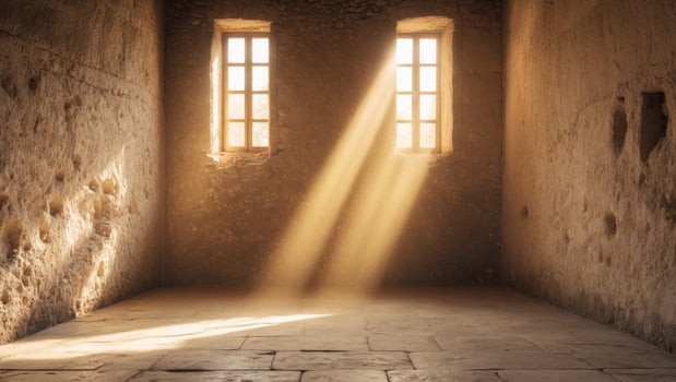 Sunbeams Illuminating Ancient Stone Room. photo