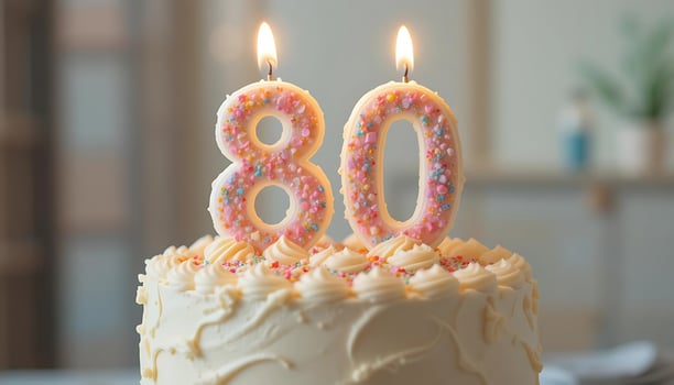 Glorious 80th Birthday Cake with Icing and Candles, Festive Celebration food cream sweet party years photo
