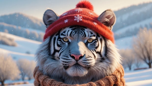 An adorable and cute Winter Tiger wearing a red hat and a scarf in a snowy landscape. photo